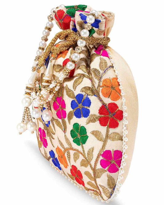 EMBROIDERED MULTI COLOURED FLOWERS POTLI BAG