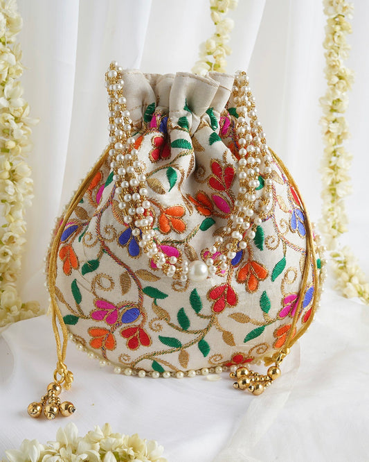 EMBROIDERED MULTI COLOURED LEAVES POTLI BAG