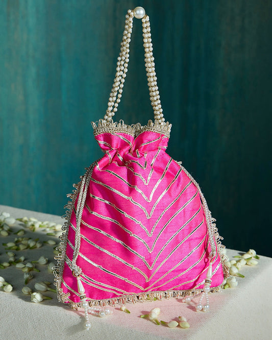 PINK WITH PEARL HANDLE POTLI BAG