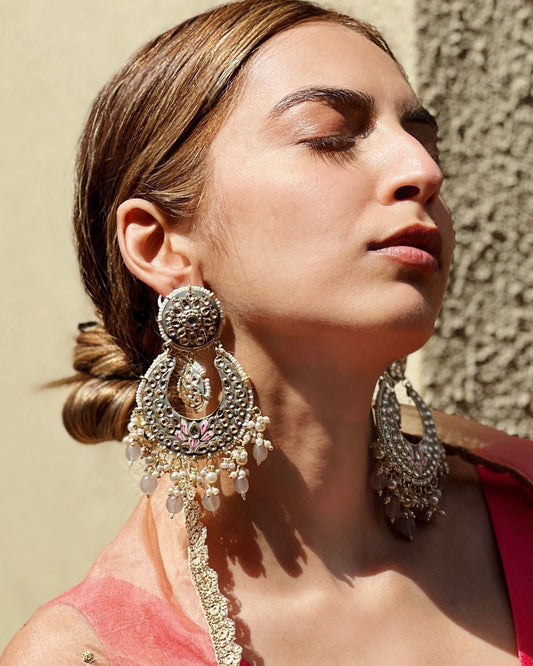 GREY & GOLD STATEMENT MEENAKARI CHANDBALIS