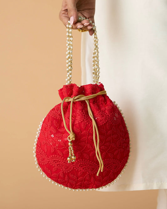 RED EMBROIDERED PEARL HANDLE POTLI BAG
