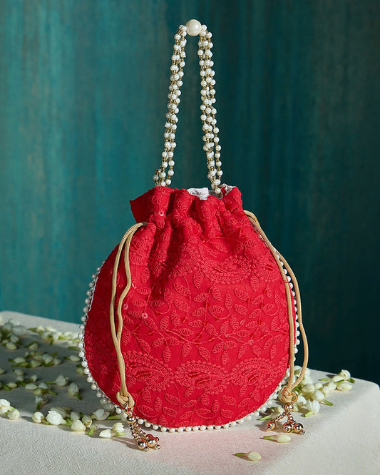 RED EMBROIDERED PEARL HANDLE POTLI BAG