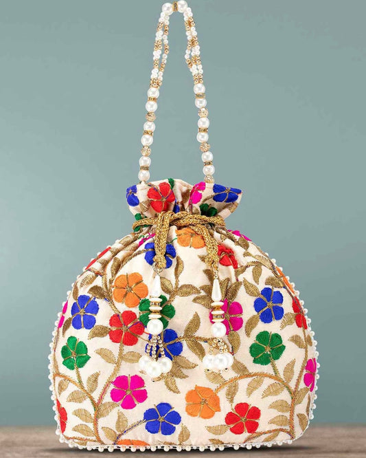 EMBROIDERED MULTI COLOURED FLOWERS POTLI BAG
