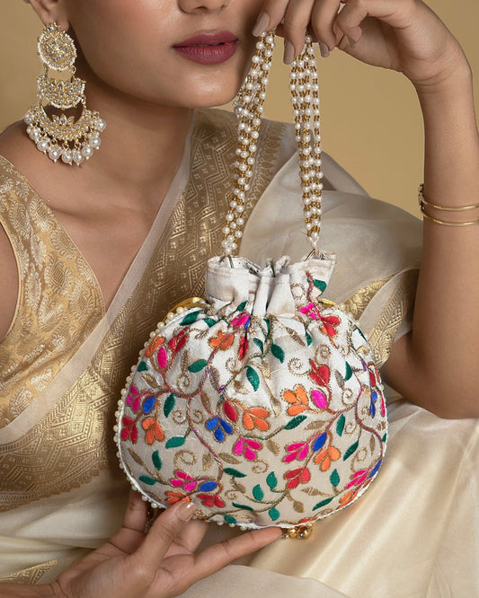 EMBROIDERED MULTI COLOURED LEAVES POTLI BAG