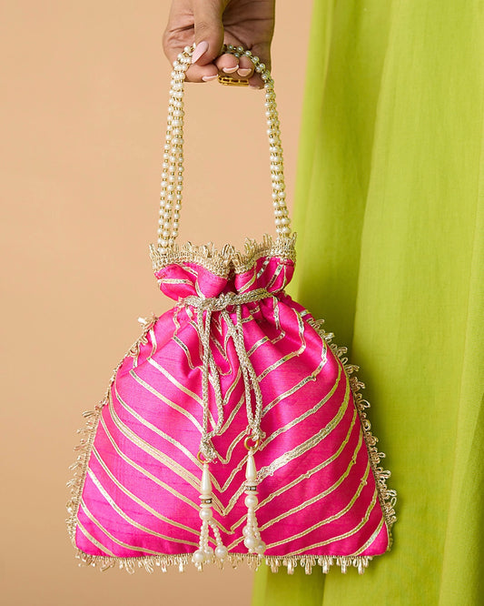 PINK WITH PEARL HANDLE POTLI BAG