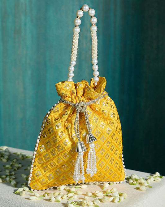 YELLOW WITH PEARL HANDLE POTLI BAG